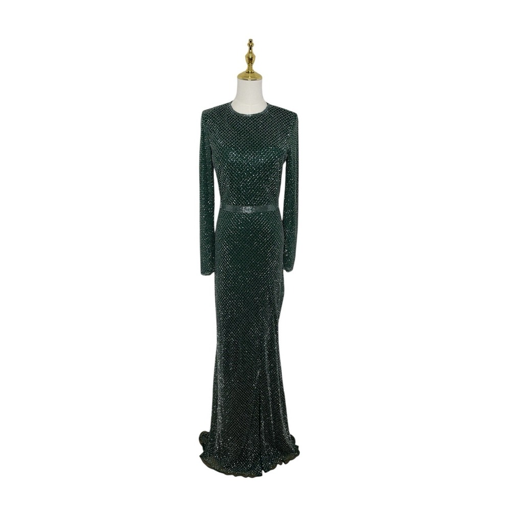 Mac Duggal 5056 Bottle Green Lattice Beaded Long Sleeve Gown Size 6